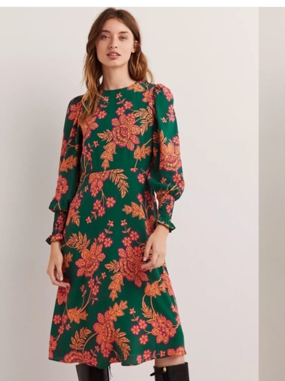 Boden Floral Print Smocked Cuff Midi Dress Green Orange Size US 8